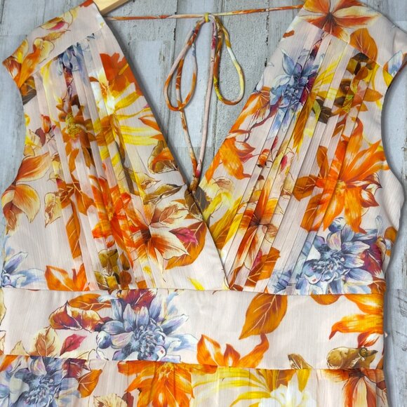 Guess Orange Floral Gilda Pleated V-Neck Cap Sleeve Maxi Dress $158 Size XL NEW! - Picture 3 of 12